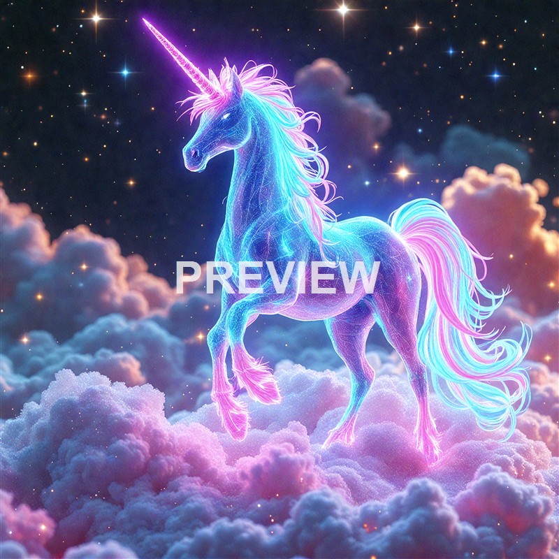 A glowing, neon-colored unicorn with a shimmering mane and tail, floating amidst a starry sky and fluffy clouds.